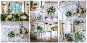 Dekoracja sali weselnej złoto, biel i niebieski.